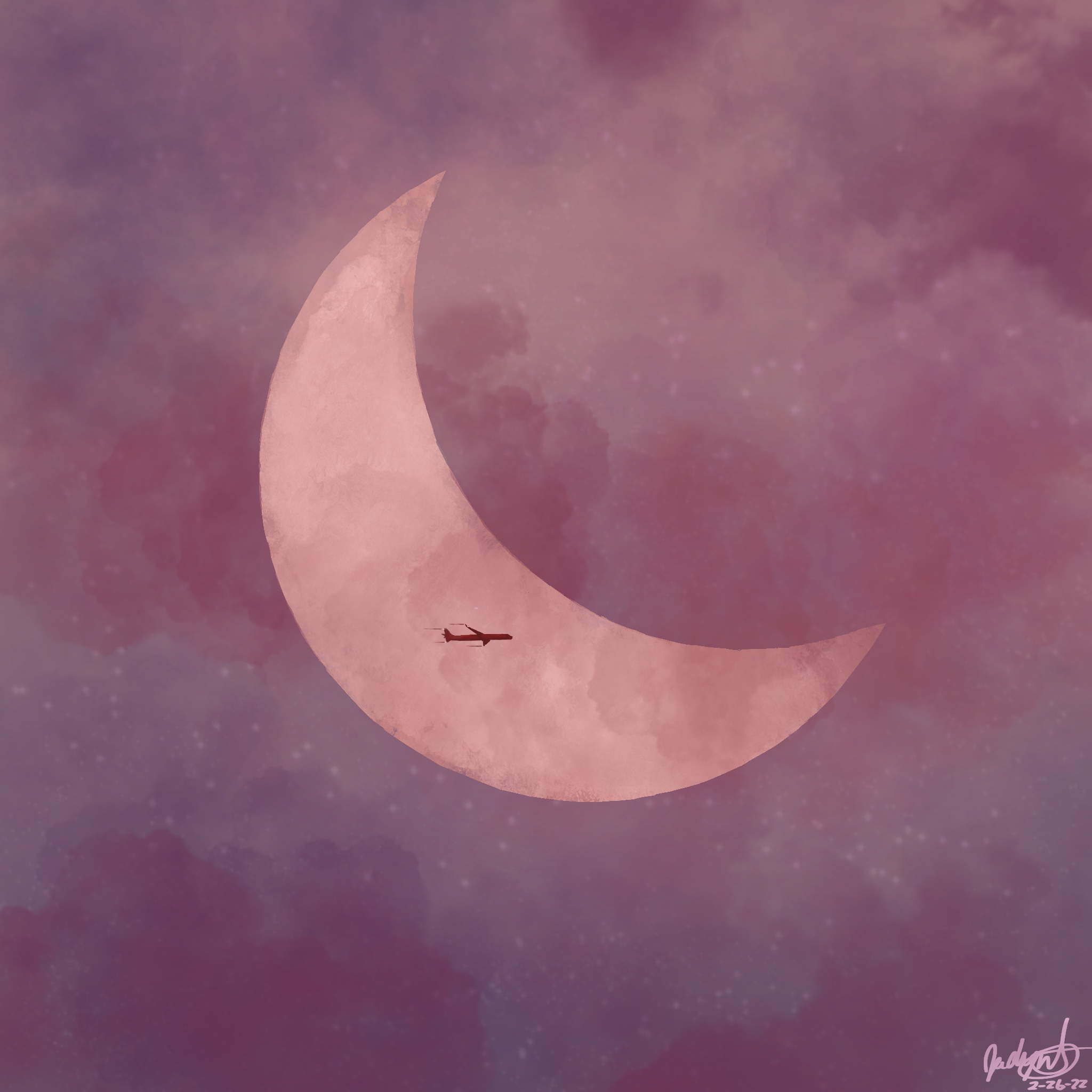 drawing of a pink sky with moon, small airplane in center